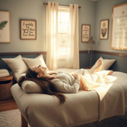 A tranquil therapy room designed for somatic therapy, showcasing a comfortable therapy couch where a person is lying back and laughing joyfully