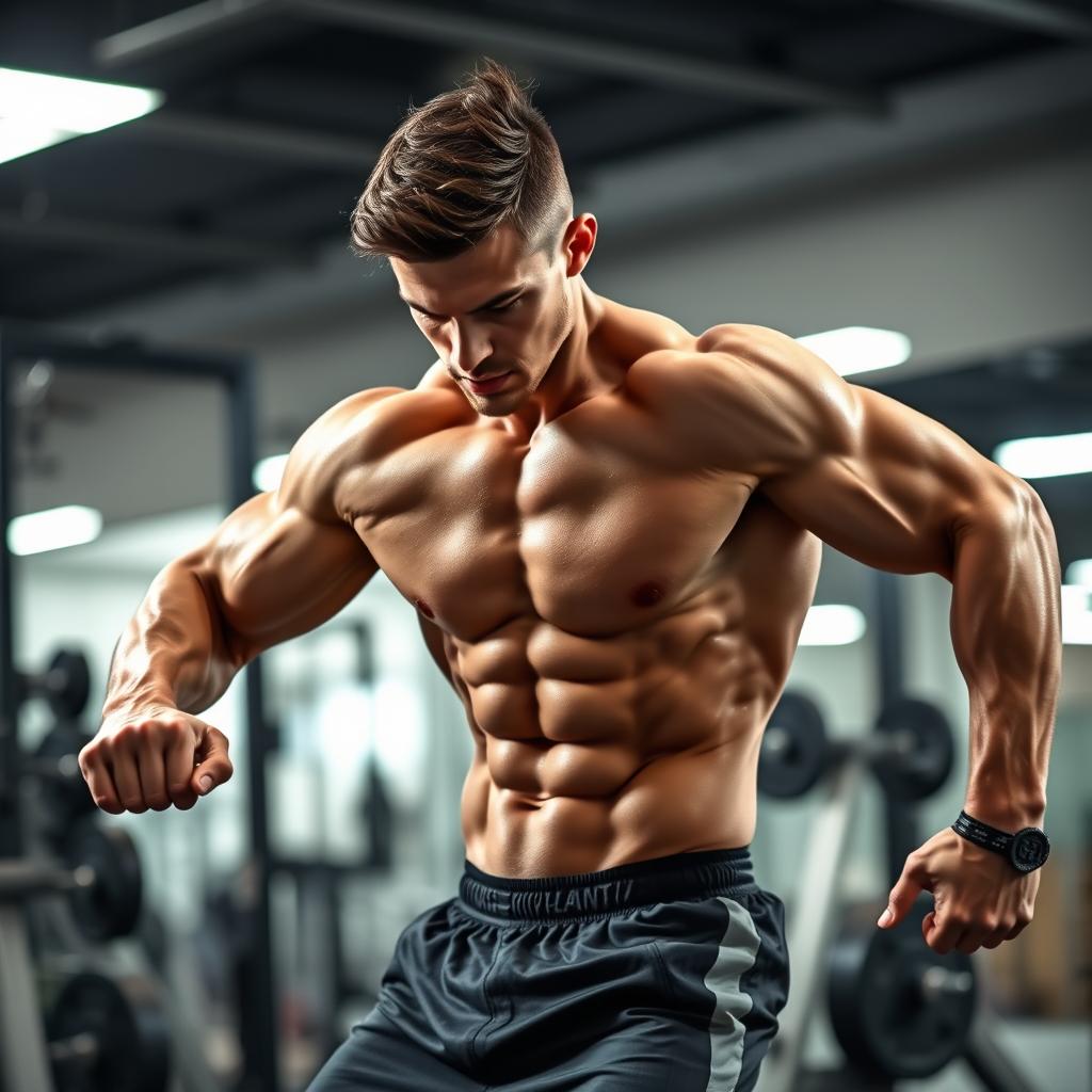 A highly detailed, photorealistic image of a fit and athletic individual with a strong, muscular physique, showcasing a well-defined body