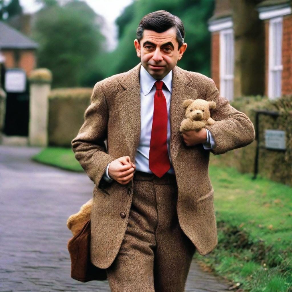 A fun scene featuring Mr. Bean, portrayed by Rowan Atkinson, with his signature tweed jacket, red tie, and Teddy Bear. He's engaged in one of his famous humorous mishaps.