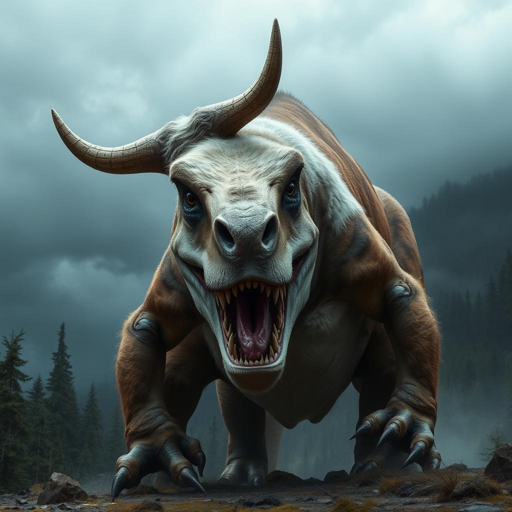 A fearsome hybrid creature that merges the features of a cow and a T-Rex