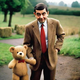 A fun scene featuring Mr. Bean, portrayed by Rowan Atkinson, with his signature tweed jacket, red tie, and Teddy Bear. He's engaged in one of his famous humorous mishaps.