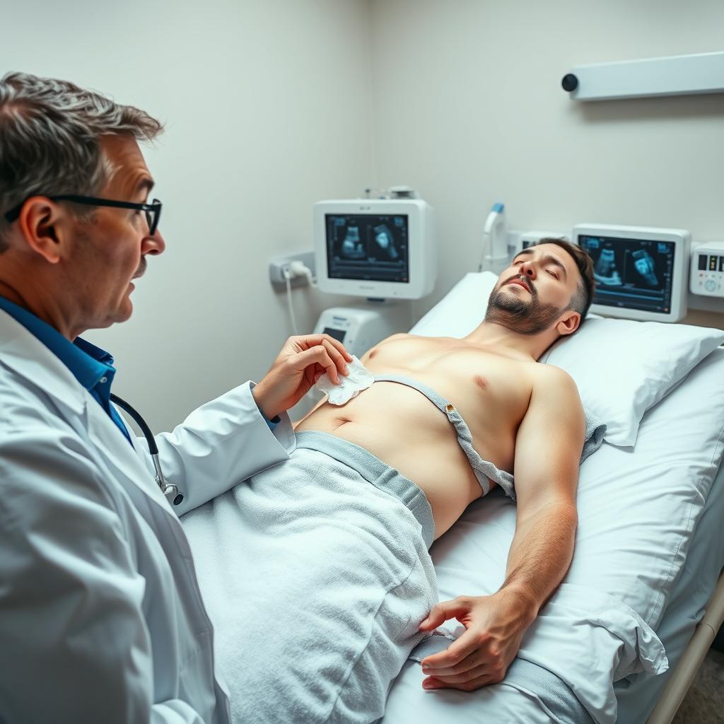 A doctor with a shocked expression, standing next to a hospital bed where a man lies ready for an ultrasound