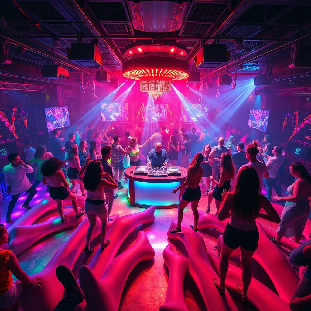 A vibrant nightclub scene featuring an artistic interpretation where the club itself is designed with legs, creatively merging architecture and movement