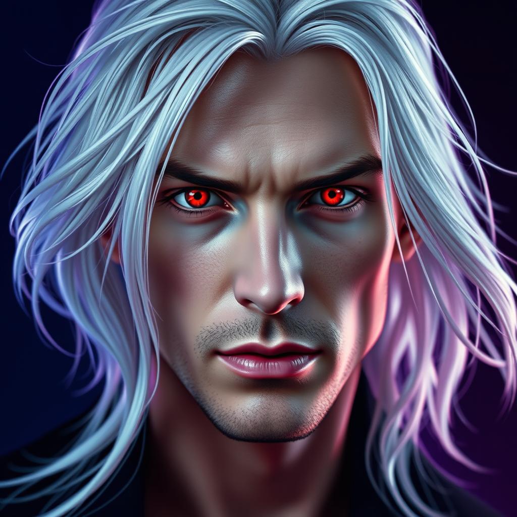 A close-up portrait of a striking man with flowing white hair and intense red eyes