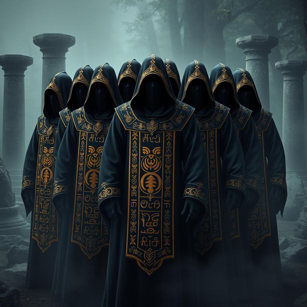 An ancient scene depicting twelve hooded ancestors shrouded in mystery, each wearing elaborate robes adorned with intricate black and gold runes