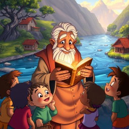 A heartwarming scene set by the Madeira River, depicting Seu Ambrósio, an old river dweller