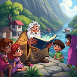 A heartwarming scene set by the Madeira River, depicting Seu Ambrósio, an old river dweller
