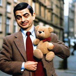 A fun scene featuring Mr. Bean, portrayed by Rowan Atkinson, with his signature tweed jacket, red tie, and Teddy Bear. He's engaged in one of his famous humorous mishaps.