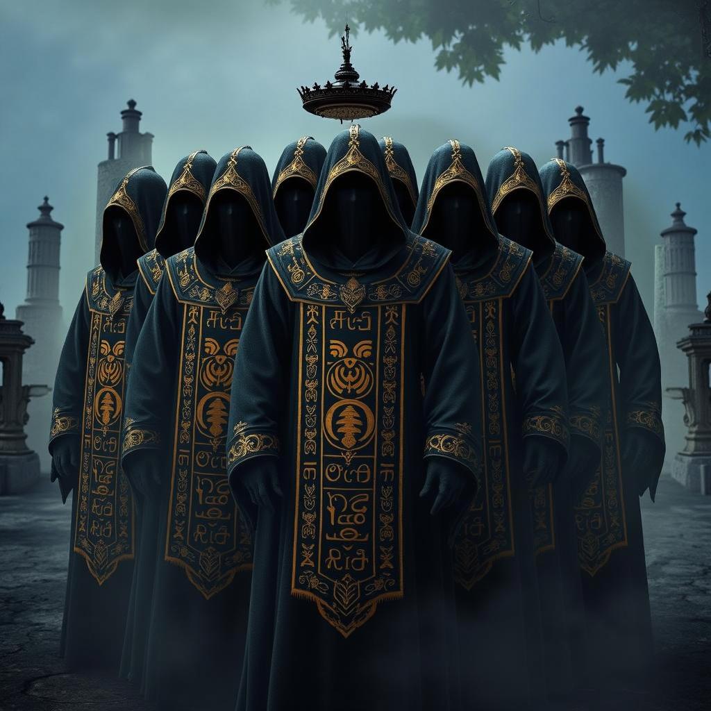 A mysterious assembly of cloaked figures standing in an ancient, foggy forest with crumbling stone pillars