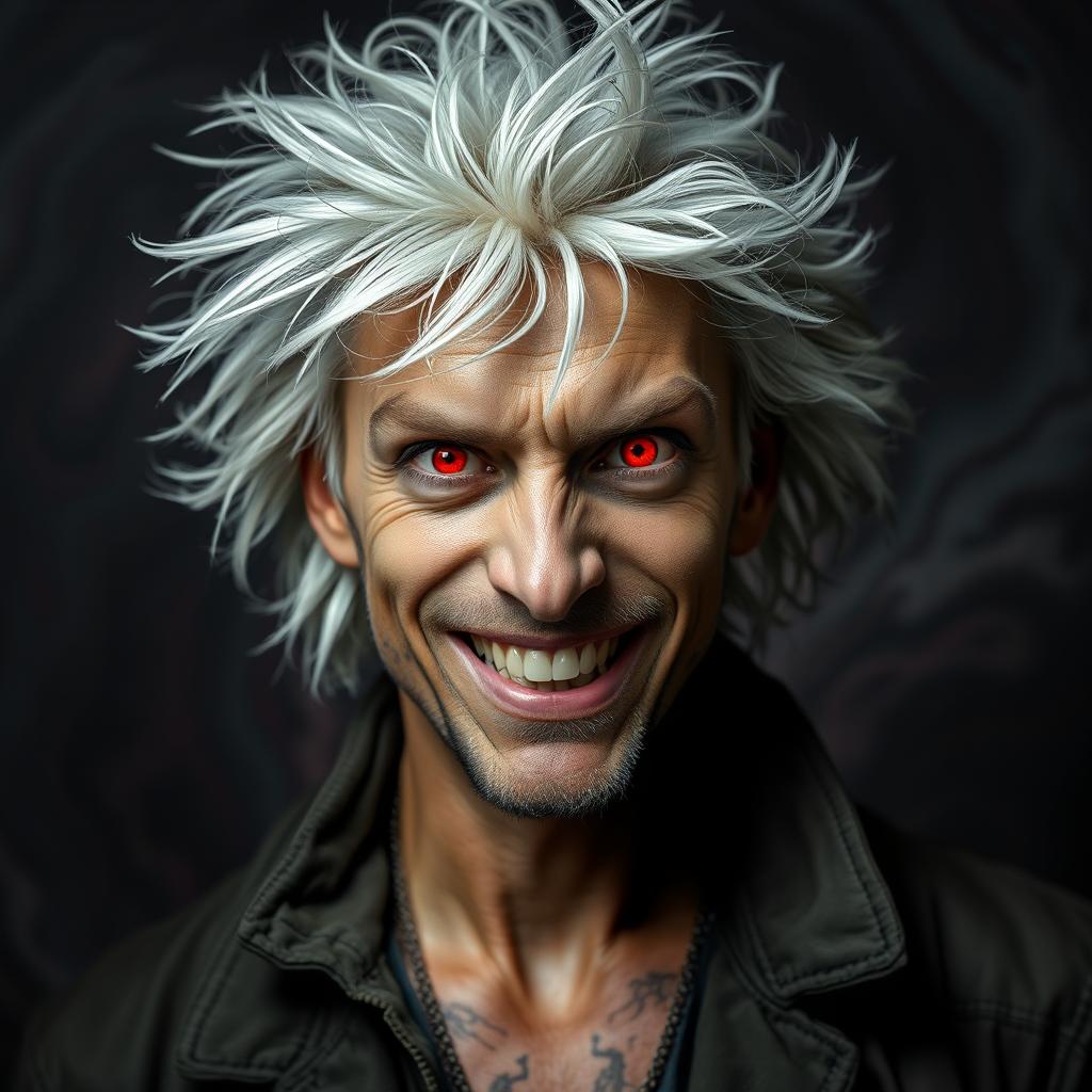 A striking portrait of a man with wild, tousled white hair and bright red eyes that convey a sense of madness and intensity