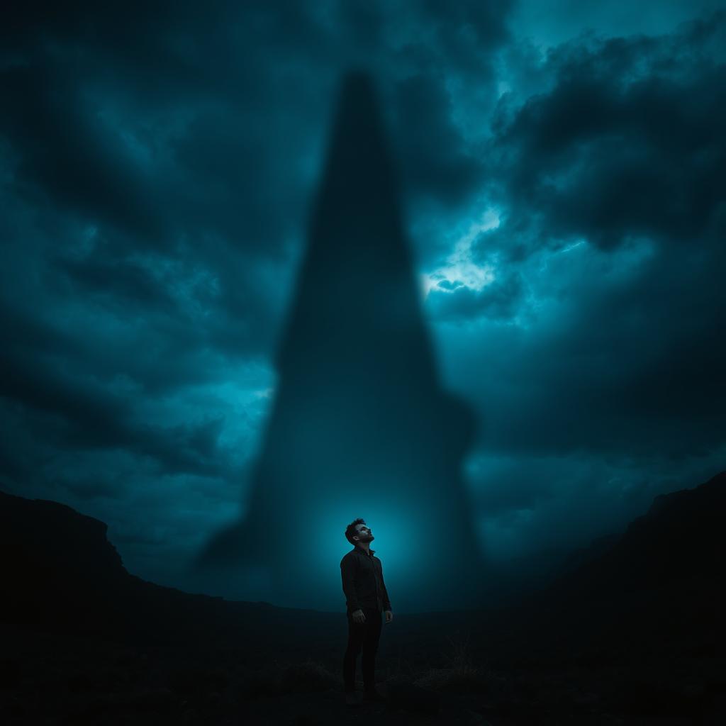 A dramatic scene depicting an imposing shadow stretching up towards the clouds, casting a dark silhouette against the sky