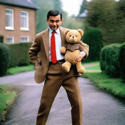 A fun scene featuring Mr. Bean, portrayed by Rowan Atkinson, with his signature tweed jacket, red tie, and Teddy Bear. He's engaged in one of his famous humorous mishaps.