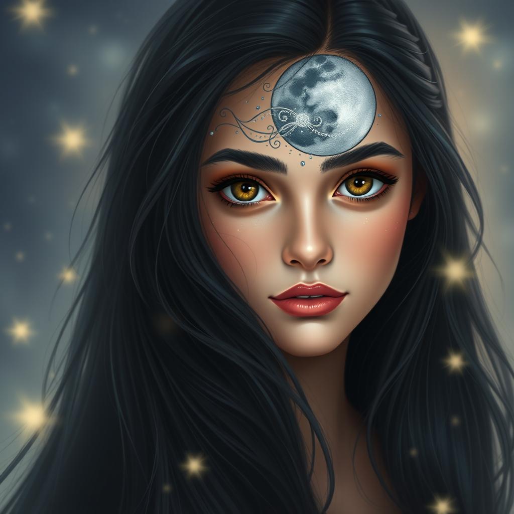 A beautiful Persian girl with long, flowing dark hair, vibrant brown eyes, and delicate features