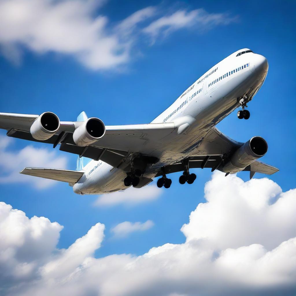 A detailed image of a majestic Boeing 747 jet airliner mid-flight, gleaming in the sunlight against a backdrop of clear blue sky and fluffy white clouds.