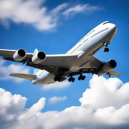 A detailed image of a majestic Boeing 747 jet airliner mid-flight, gleaming in the sunlight against a backdrop of clear blue sky and fluffy white clouds.