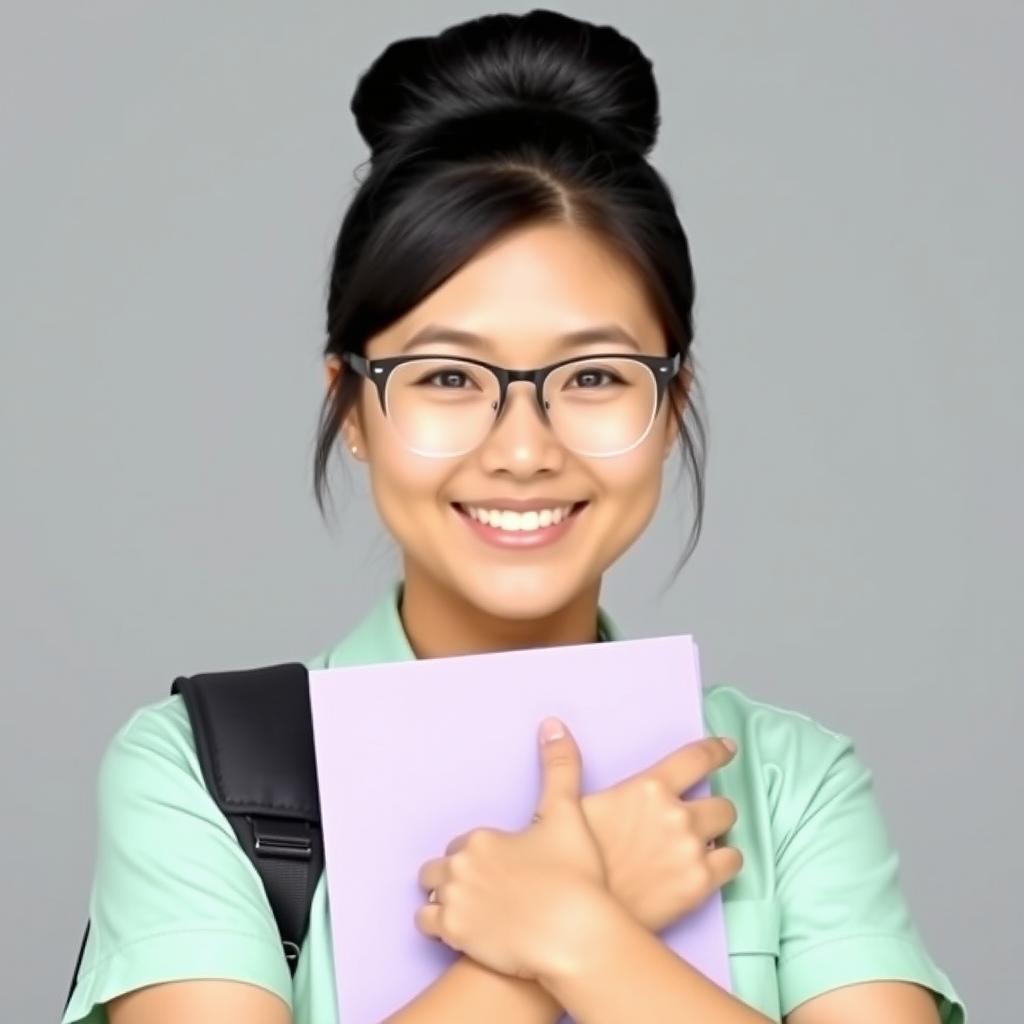 A woman with a rounded face having slightly full cheeks and a friendly smile