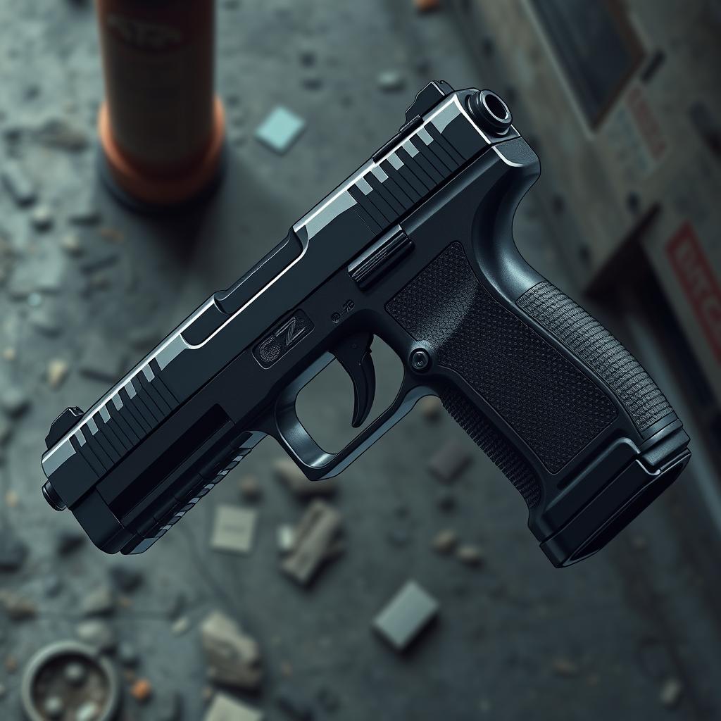 A detailed illustration of a CZ P-09 handgun, featuring its sleek design and tactical elements