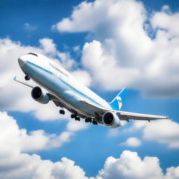 A detailed image of a majestic Boeing 747 jet airliner mid-flight, gleaming in the sunlight against a backdrop of clear blue sky and fluffy white clouds.