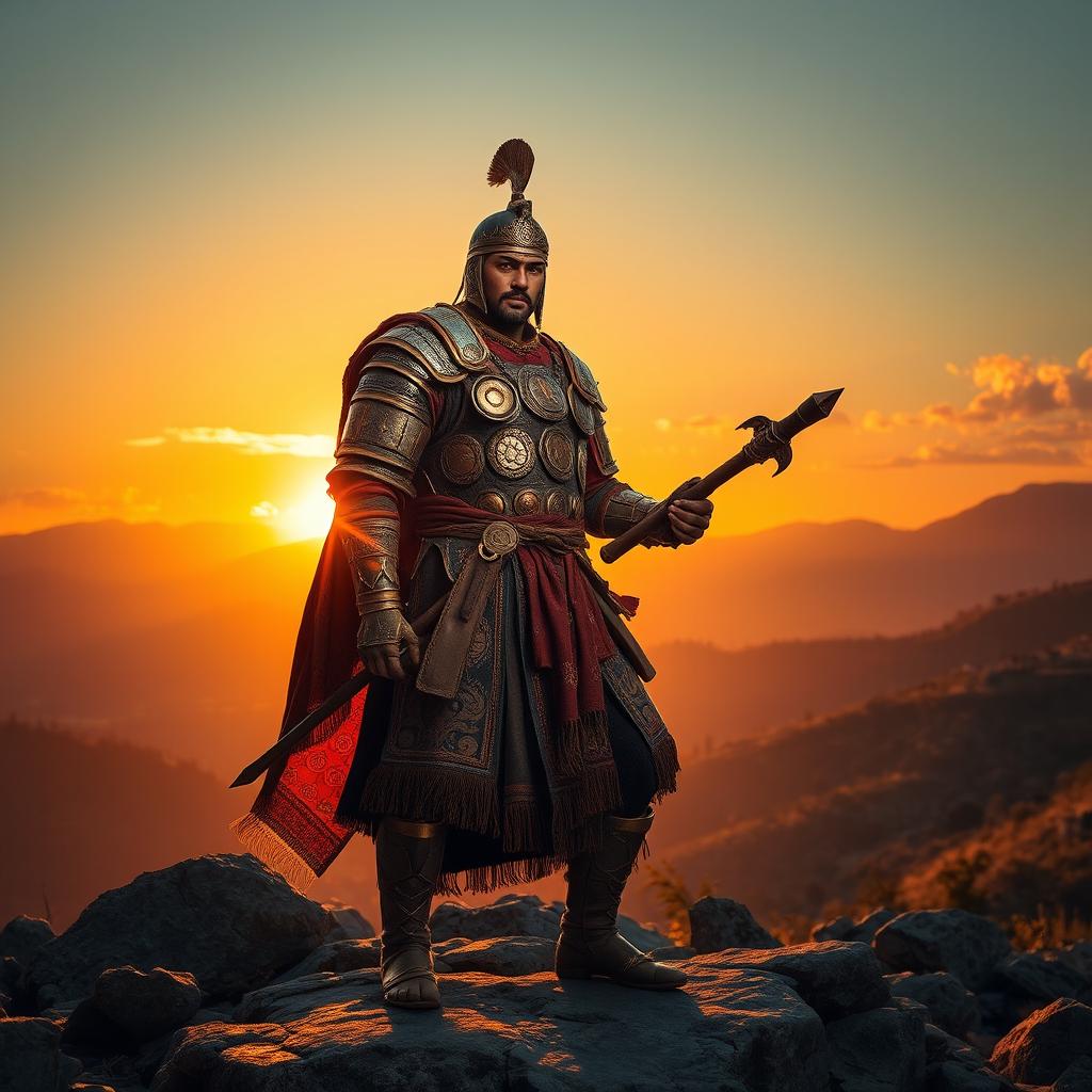 A powerful Cumam warrior from the 13th century, clad in intricately designed armor showcasing cultural motifs and symbols