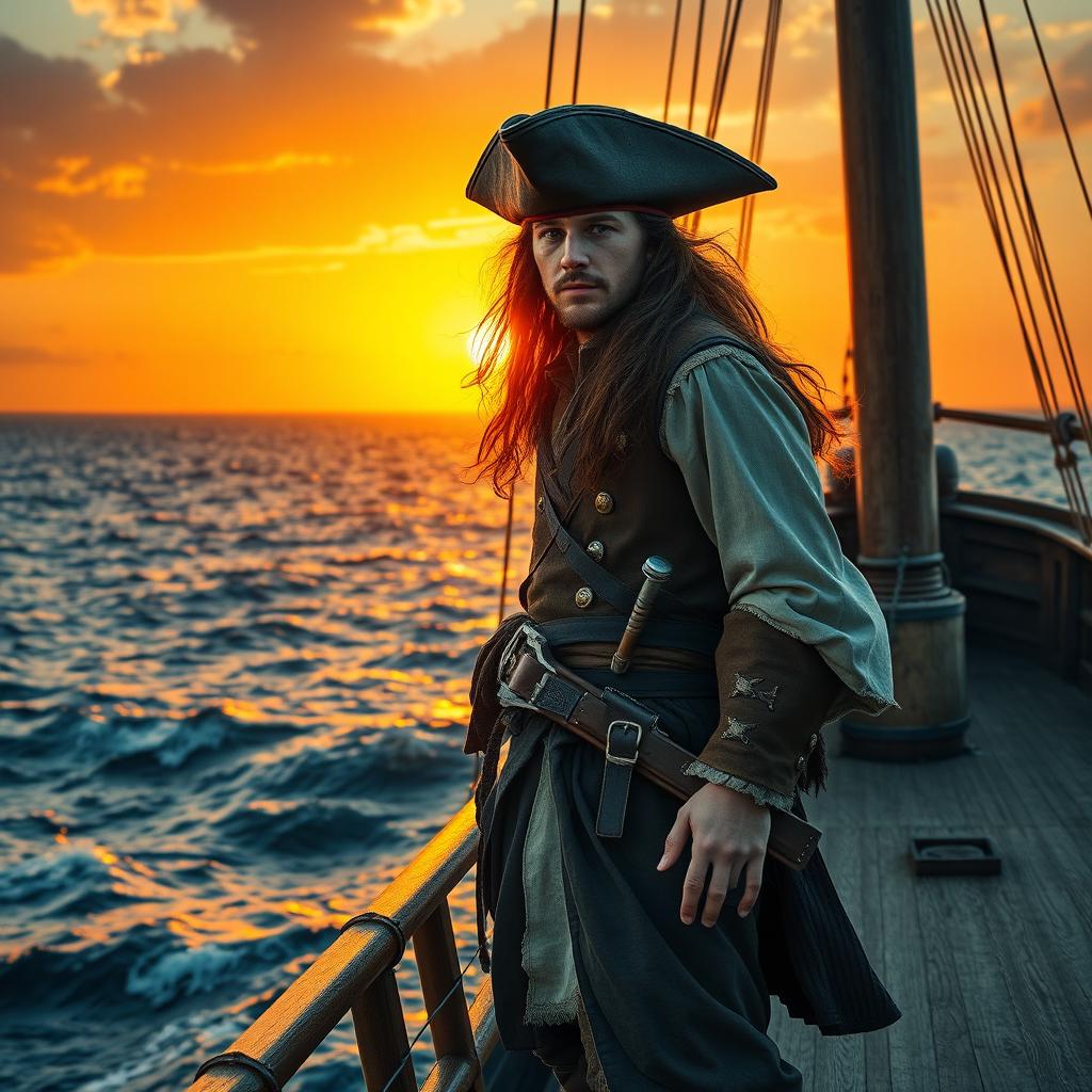 An image of a young pirate captain from the 16th and 17th centuries, with long flowing hair, confidently standing on the deck of a majestic galleon ship