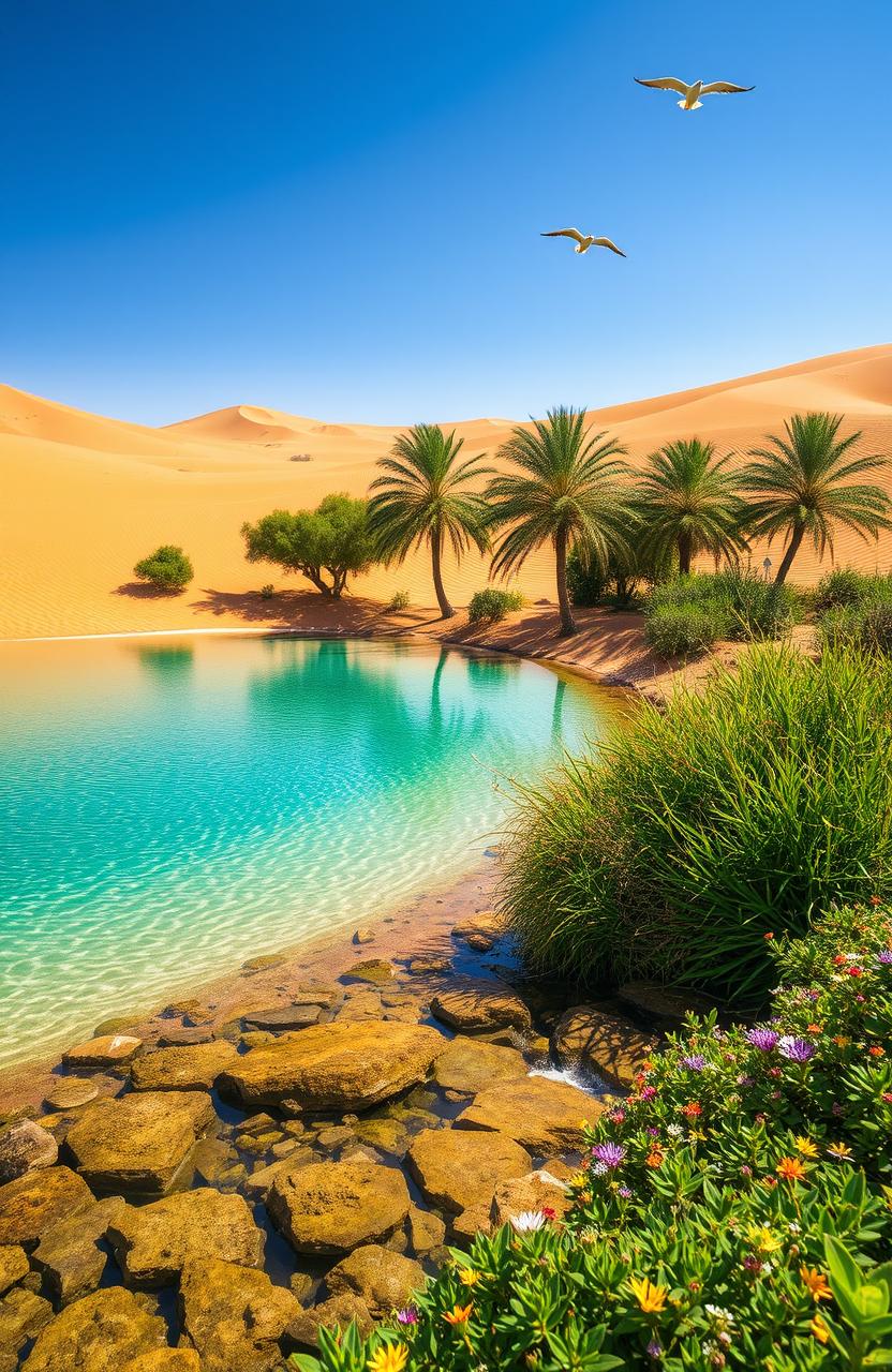 A beautiful oasis in the middle of a vast desert, surrounded by golden sand dunes that ripple under the bright sun