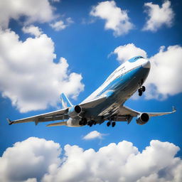 A detailed image of a majestic Boeing 747 jet airliner mid-flight, gleaming in the sunlight against a backdrop of clear blue sky and fluffy white clouds.