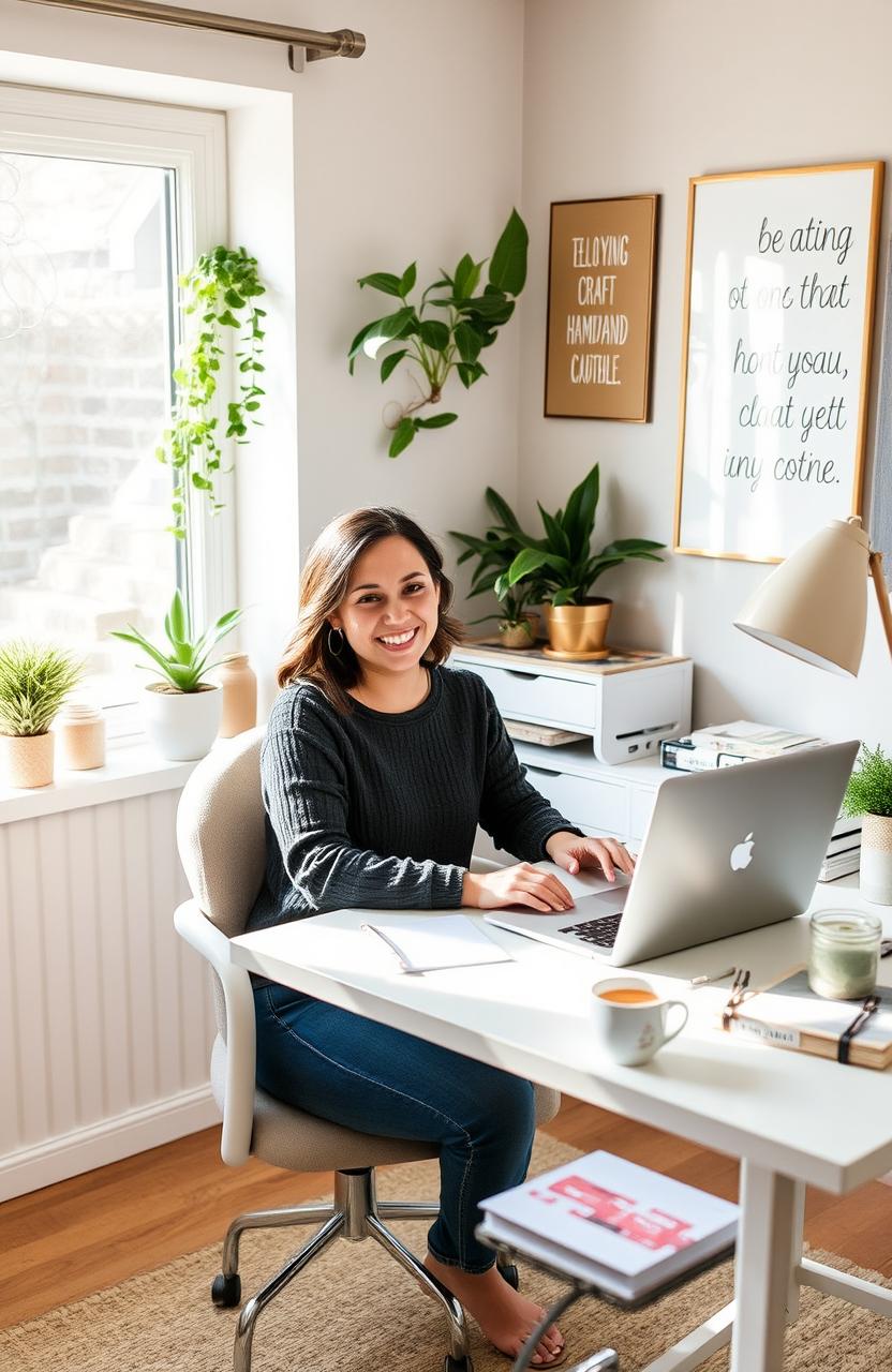 A cozy home office setup featuring a stay-at-home mom working behind a stylish desk, creatively engaging in easy side hustles such as crafting homemade candles, sewing handmade clothing, and managing a blog
