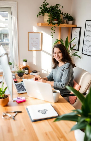 A cozy home office setup featuring a stay-at-home mom working behind a ...