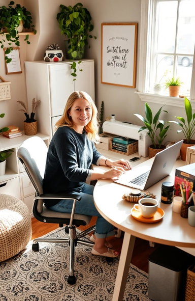 A cozy home office setup featuring a stay-at-home mom working behind a ...