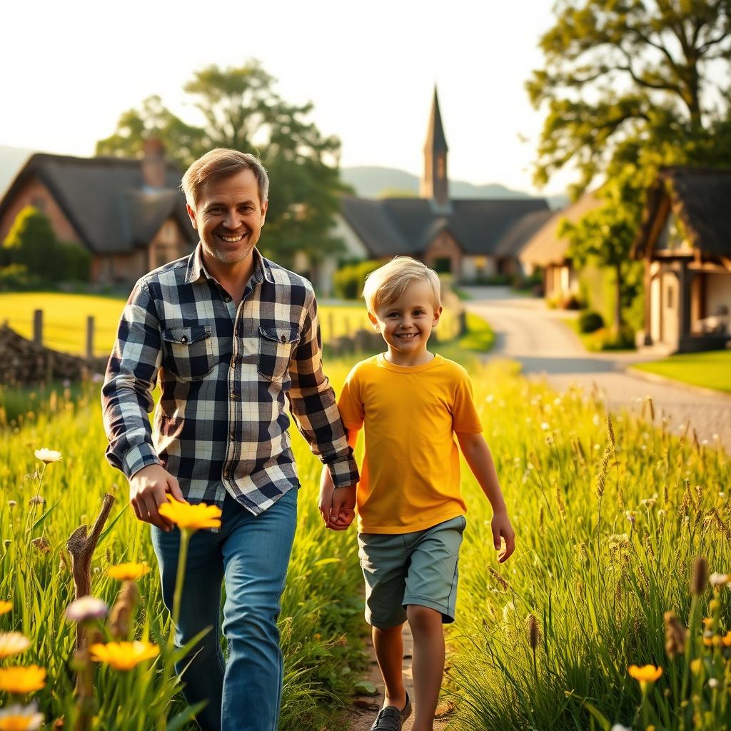 A heartwarming scene of a father and son walking together towards a picturesque village, surrounded by lush green fields and blooming wildflowers