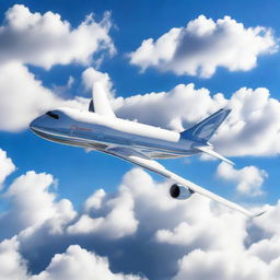 A detailed image of a majestic Boeing 747 jet airliner mid-flight, gleaming in the sunlight against a backdrop of clear blue sky and fluffy white clouds.