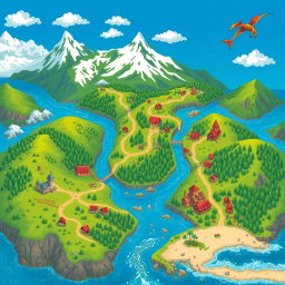 A colorful pixel art RPG world map, featuring a vibrant landscape with rolling hills, dense forests, and sparkling rivers