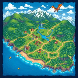 A colorful pixel art RPG world map, featuring a vibrant landscape with rolling hills, dense forests, and sparkling rivers
