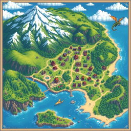 A colorful pixel art RPG world map, featuring a vibrant landscape with rolling hills, dense forests, and sparkling rivers