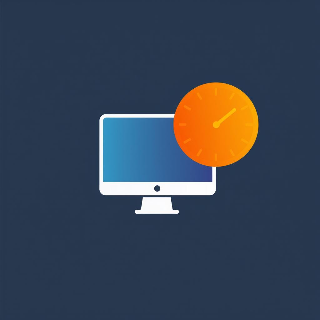 A minimalist logo design featuring a computer as the central element, with a clock positioned on the left side of the computer