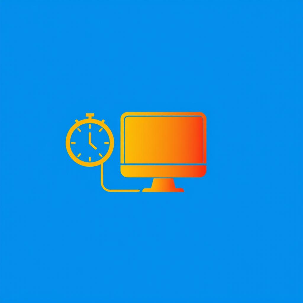 A minimalist logo design featuring a computer as the central element, with a clock positioned on the left side of the computer