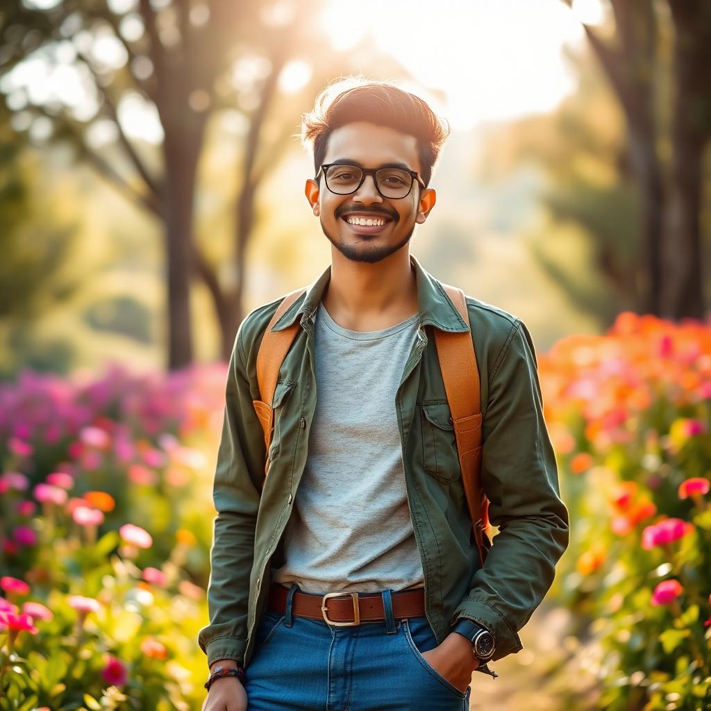 A vibrant and eye-catching image featuring a person standing confidently in a natural outdoor setting, surrounded by lush greenery and colorful flowers
