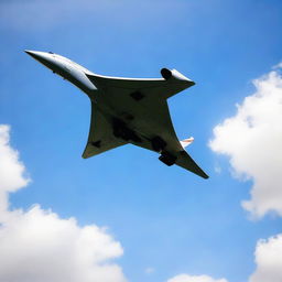 The iconic Concorde, in full flight, soaring through a clear blue sky. Its sleek, supersonic design illuminated by the radiance of the sunlight.