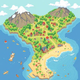 A charming pixel art RPG world map in a cute style, displaying a colorful landscape full of whimsy