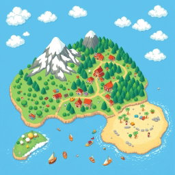 A charming pixel art RPG world map in a cute style, displaying a colorful landscape full of whimsy