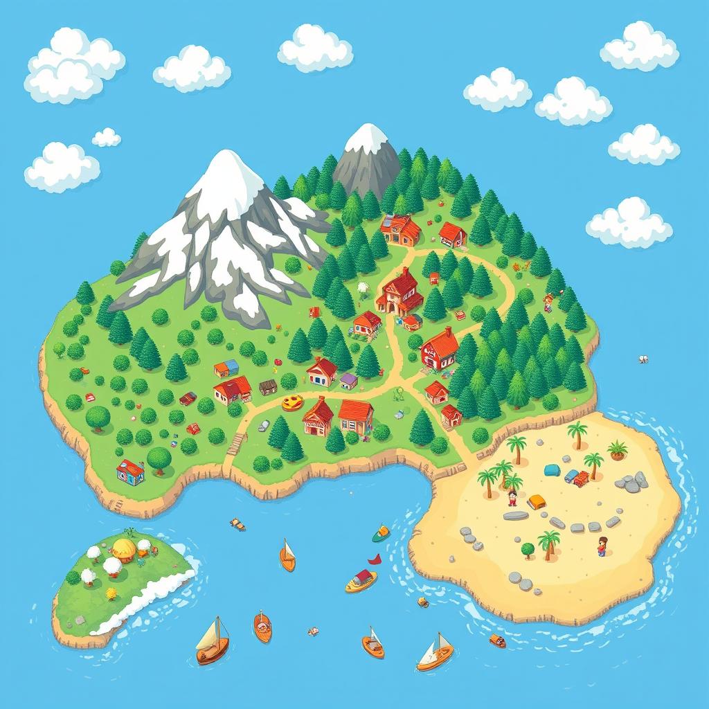 A charming pixel art RPG world map in a cute style, displaying a colorful landscape full of whimsy