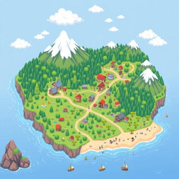A charming pixel art RPG world map in a cute style, displaying a colorful landscape full of whimsy