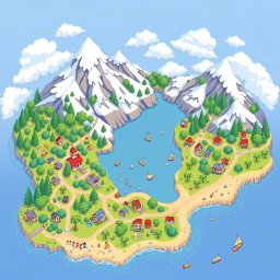 A charming pixel art RPG world map in a cute style, displaying a colorful landscape full of whimsy