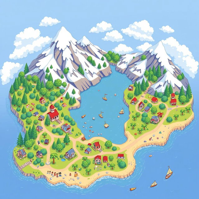 A charming pixel art RPG world map in a cute style, displaying a colorful landscape full of whimsy