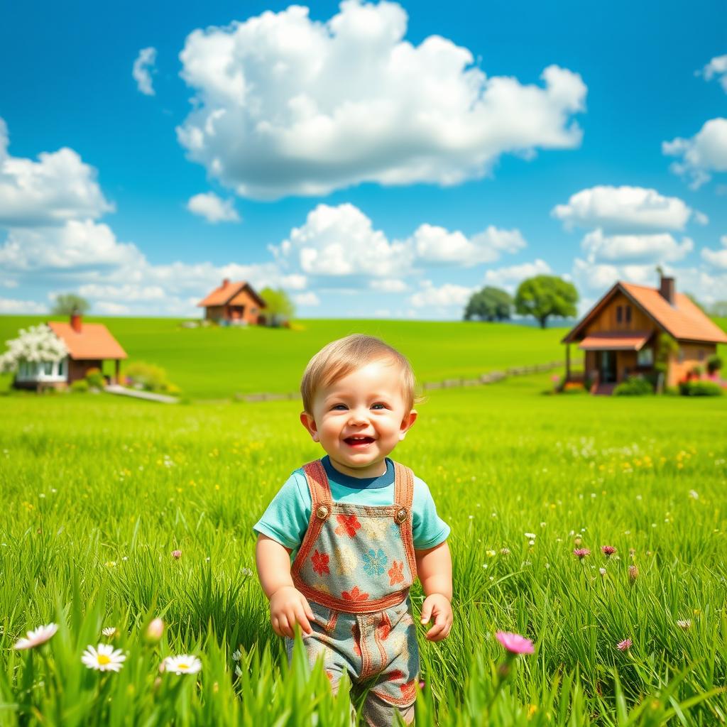 A serene rural landscape featuring a vibrant green field dotted with charming rustic houses