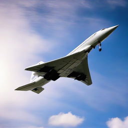 The iconic Concorde, in full flight, soaring through a clear blue sky. Its sleek, supersonic design illuminated by the radiance of the sunlight.