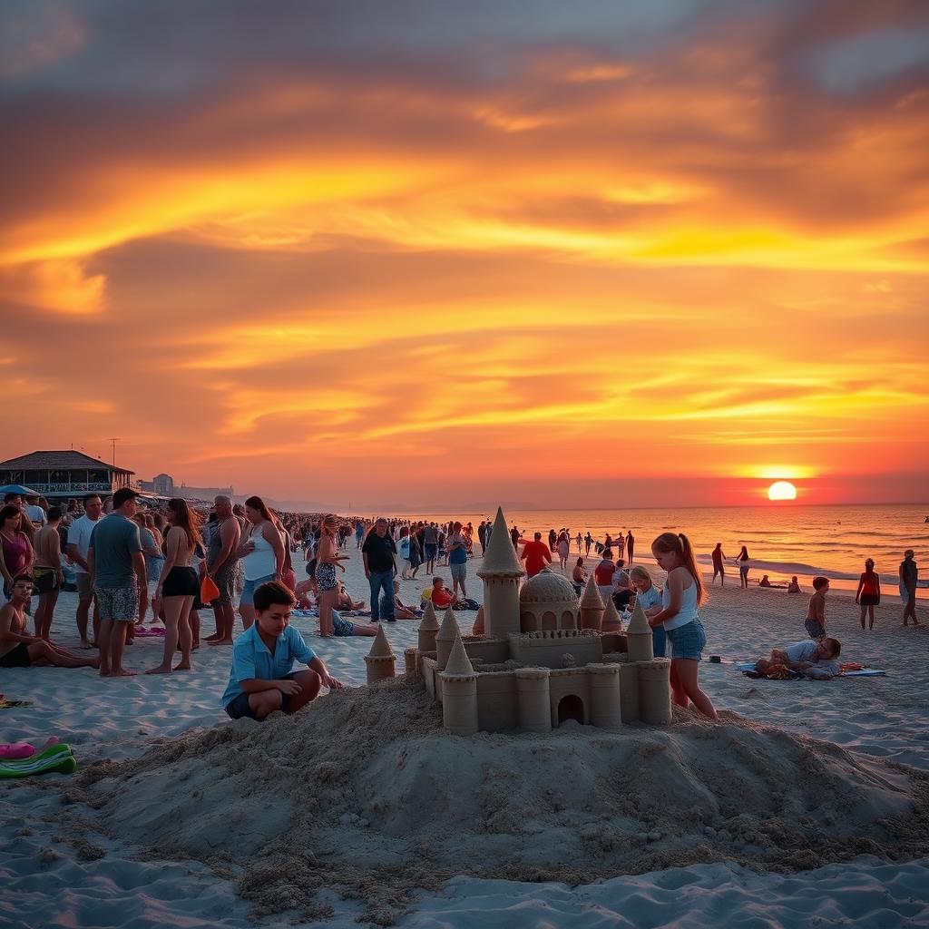 A vibrant beach sunset scene filled with a joyful crowd of people enjoying their time