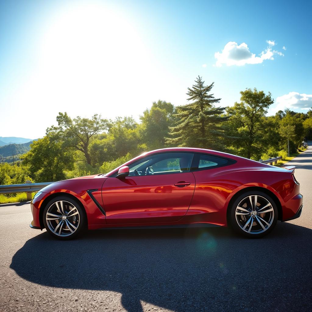 A sleek modern car parked on a scenic road, surrounded by lush green trees and a clear blue sky