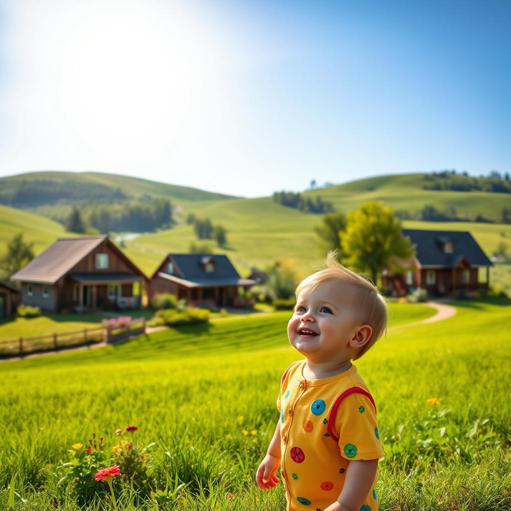 A peaceful rural landscape with rolling green fields and quaint rural houses