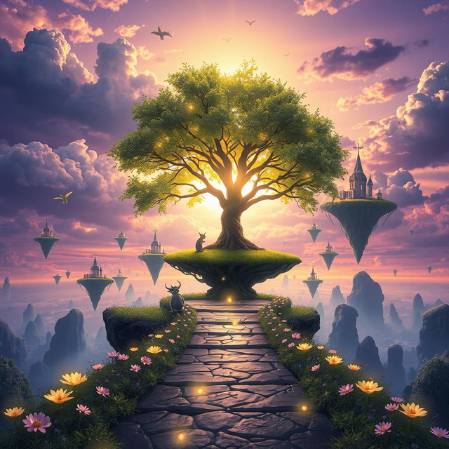 A fantastical scene depicting an ethereal landscape filled with floating islands